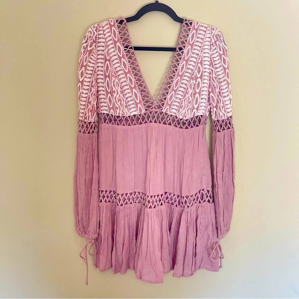 NWOT Free People $148 'Dusk Till Dawn' Embroidered Mini Dress Mauve Size 2 - Picture 2 of 12